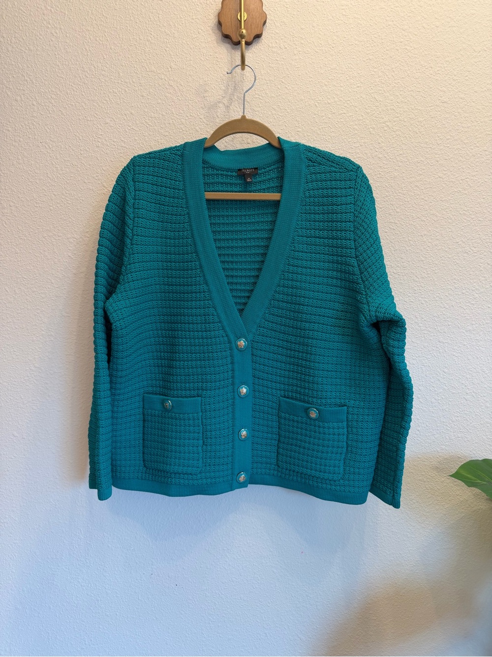 Talbots Kate Cardigan Sweater 1X Teal Textured Knit Button Front LAPIS